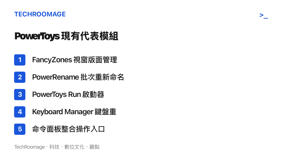畫面列舉 PowerToys 的五個代表性模組，涵蓋視窗版面管理、批次重新命名、啟動器、鍵盤重映射與命令面板等進階功能