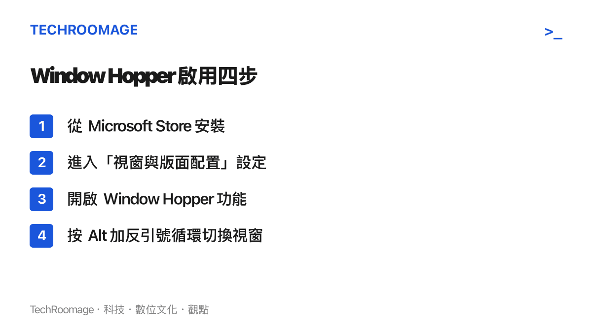 圖中列出啟用 Window Hopper 的四個步驟：安裝 PowerToys、進入視窗與版面配置設定、開啟功能，以及按 Alt 加反引號在同一應用程式的視窗間循環切換