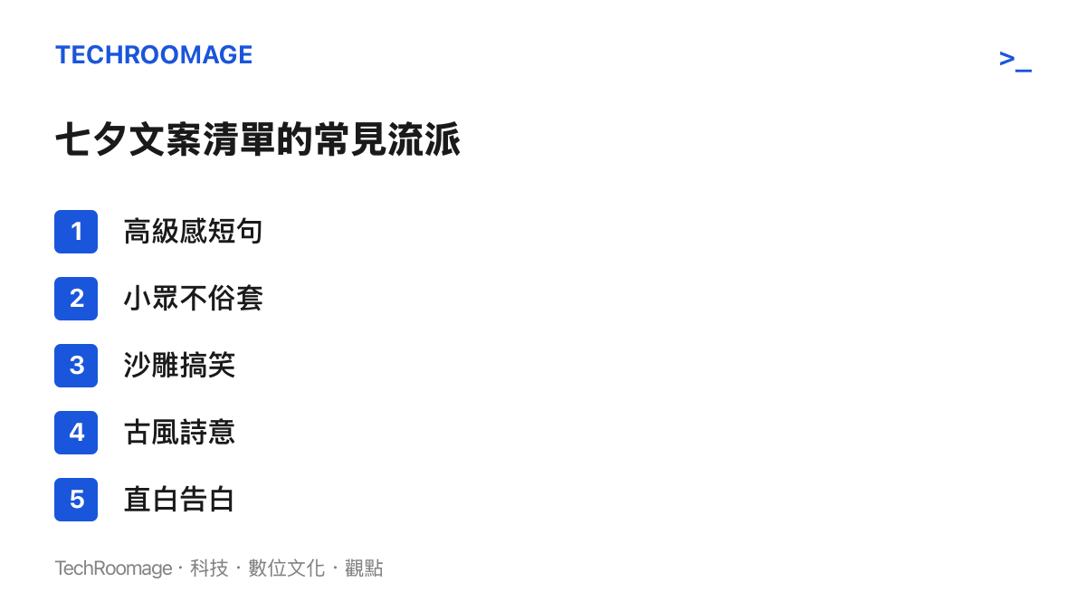 清單圖卡列出七夕文案合集常見的五種分類，包括高級感短句、小眾不俗套、沙雕搞笑、古風詩意與直白告白，反映發文者挑選現成句子時的自我呈現考量