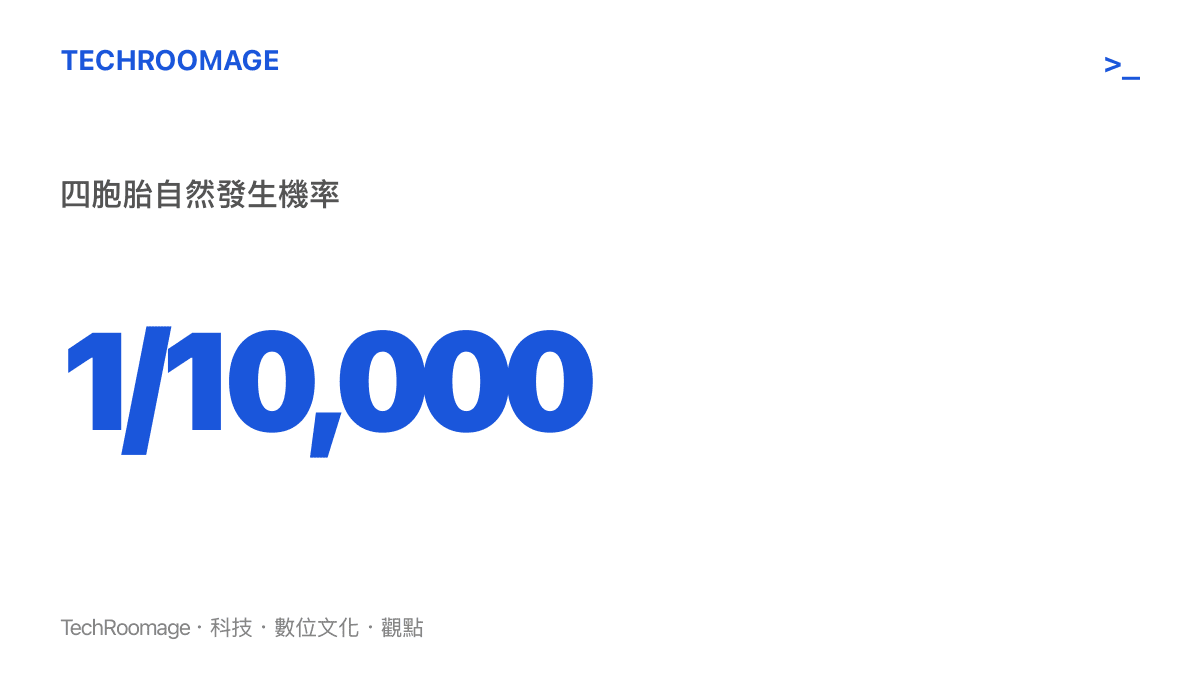 圖卡呈現四胞胎自然受孕的發生機率為萬分之一，並標示這屬於高風險妊娠狀態