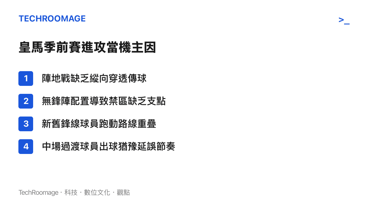 列出皇家馬德裏在這場比賽中進攻當機的四個主要戰術與陣容原因