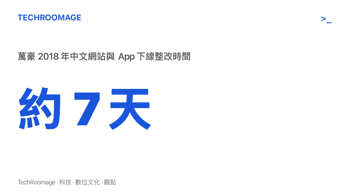 統計圖卡標示萬豪 2018 年因將西藏與香港等地列為國家，被中國主管機關要求下線整改中文網站約七天