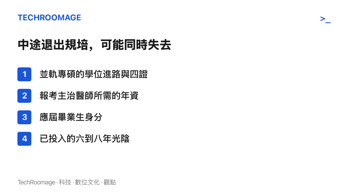 清單圖列出中途退出規培的四項損失：學位進路與四證、報考主治醫師的年資、應屆畢業生身分，以及已投入的多年時間