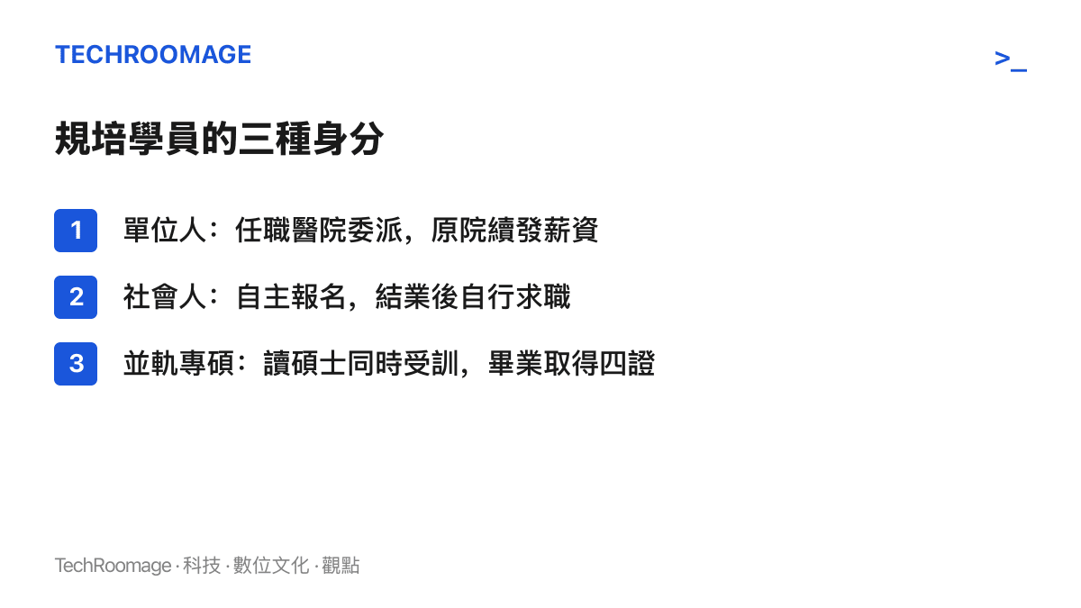 清單圖列舉中國規培學員的三種身分：單位人由任職醫院委派受訓、社會人自行報名並在結業後求職、並軌專碩一邊讀碩士一邊受訓並以四證合一畢業