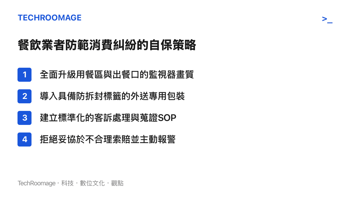 列出餐飲業者面對惡意客訴與詐騙時的四項具體自保與防禦策略