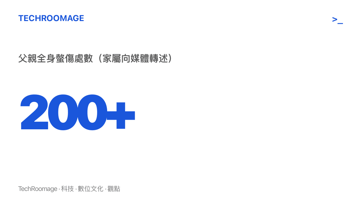 數據圖卡呈現這起蜂羣攻擊事件中，七旬父親全身被螫傷超過兩百處的傷情規模