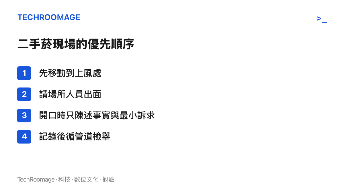 清單圖卡列出遭遇二手菸時的四個優先步驟：移動到上風處、請場所人員出面、開口時只陳述事實與最小訴求、記錄後循管道檢舉