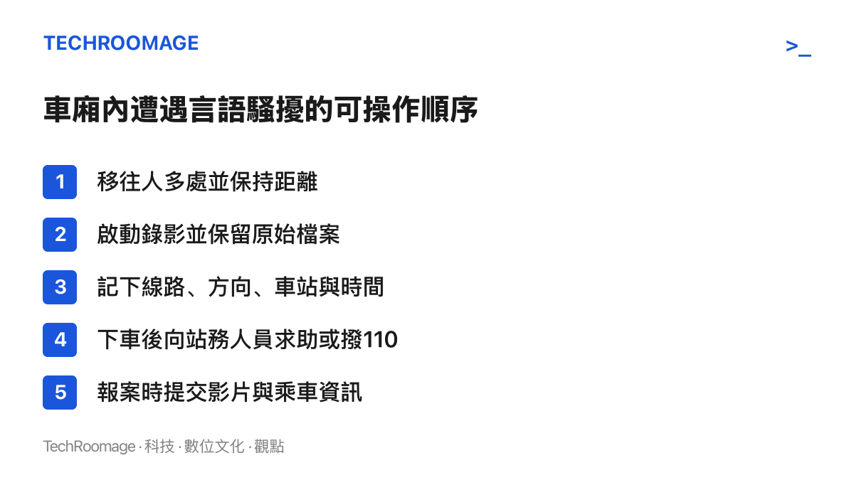 清單圖卡列出五個步驟：移往人多處保持距離、錄影留存原始檔、記下乘車資訊、向站務或警方求助、報案時提交證據