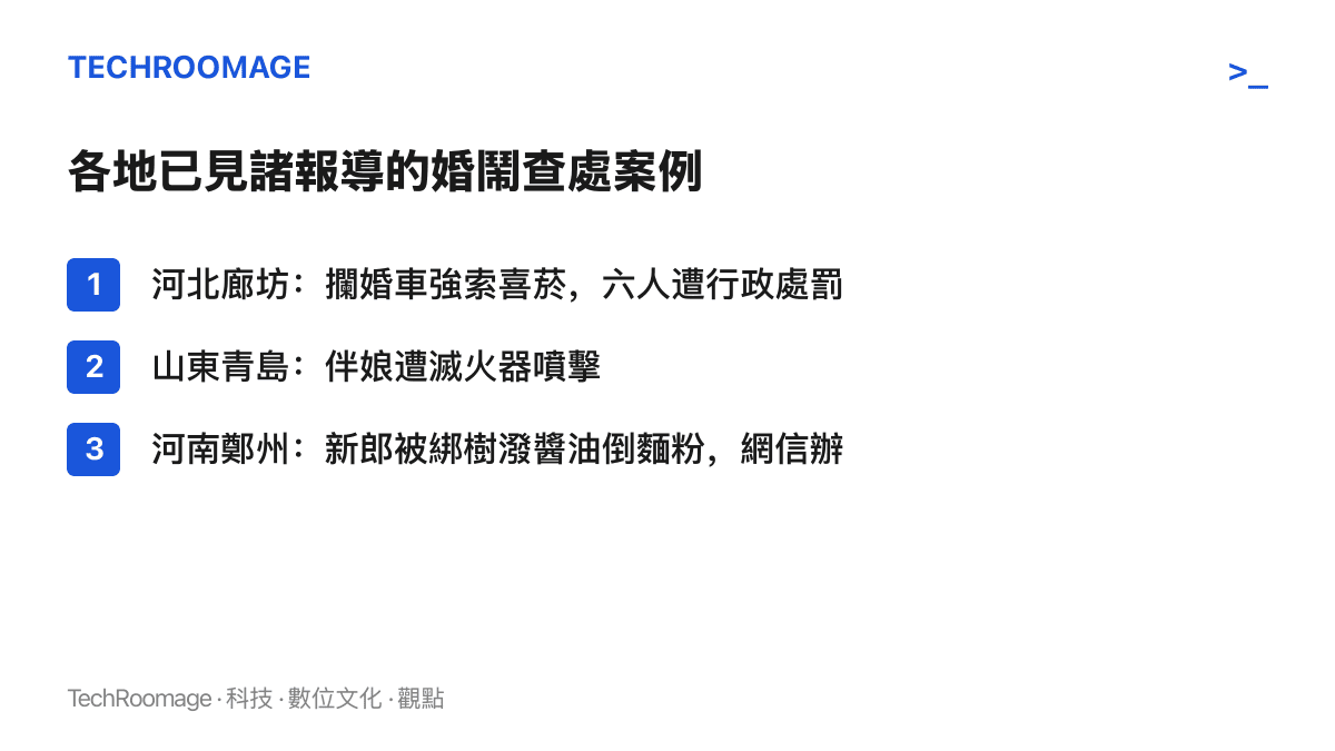 全國多地已處理的婚鬧案例一覽，包含廊坊攔婚車索菸六人受罰、青島伴娘被滅火器噴擊、鄭州新郎遭綁樹潑醬油
