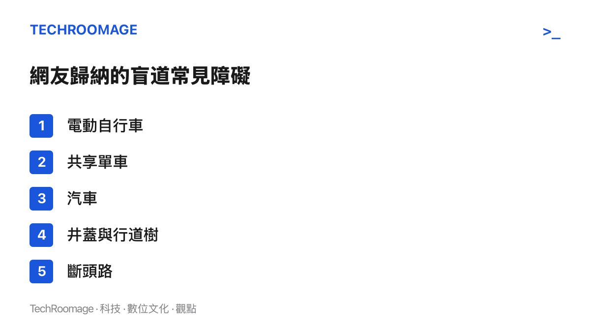 清單圖卡列出網友歸納中國城市盲道的五種常見障礙：電動自行車、共享單車、汽車、井蓋與行道樹、斷頭路