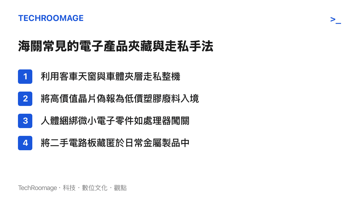 舊手機與電子零件因其高單價與易拆解特性，成為跨境走私的高風險物品。