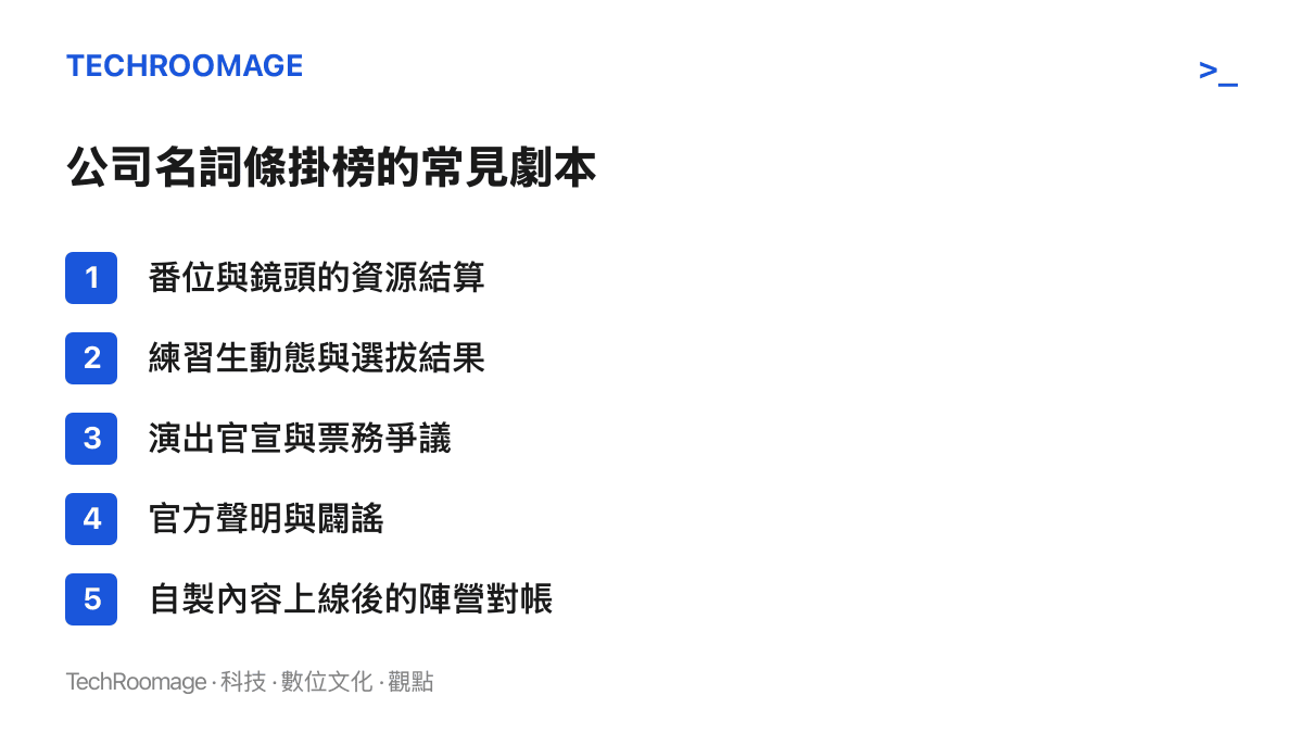 清單圖列出經紀公司名詞條登上熱榜的五種常見情境，包括番位與鏡頭結算、練習生動態、票務爭議、官方聲明與自製內容上線後的粉絲對帳