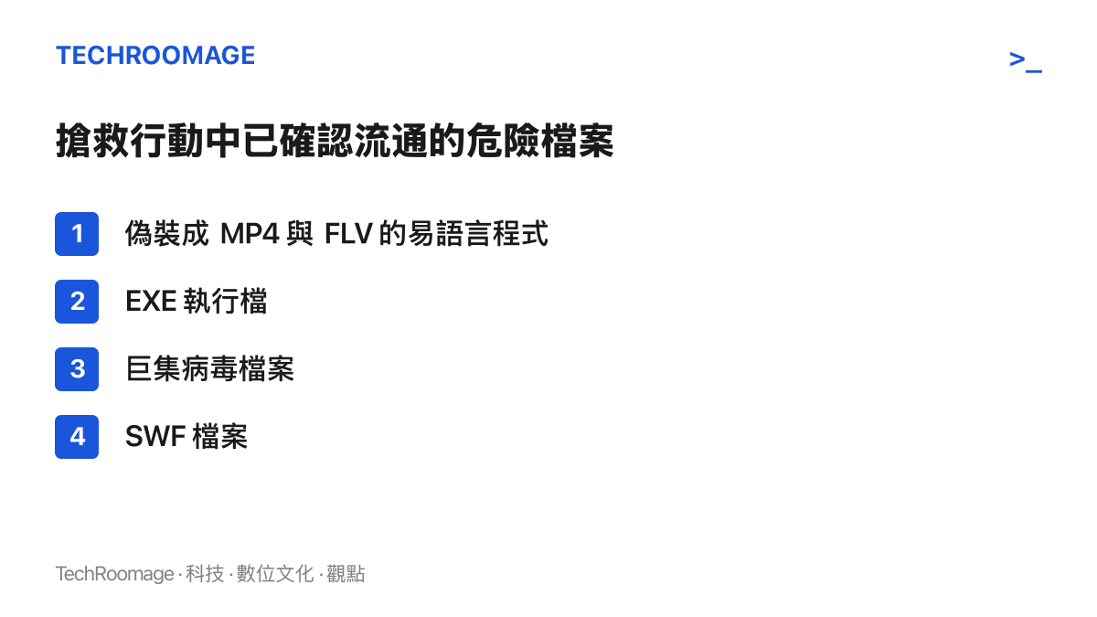 清單圖卡列出搶救行動期間已確認的四類危險檔案：偽裝成影片檔的易語言程式、EXE 執行檔、巨集病毒檔案與 SWF 檔案