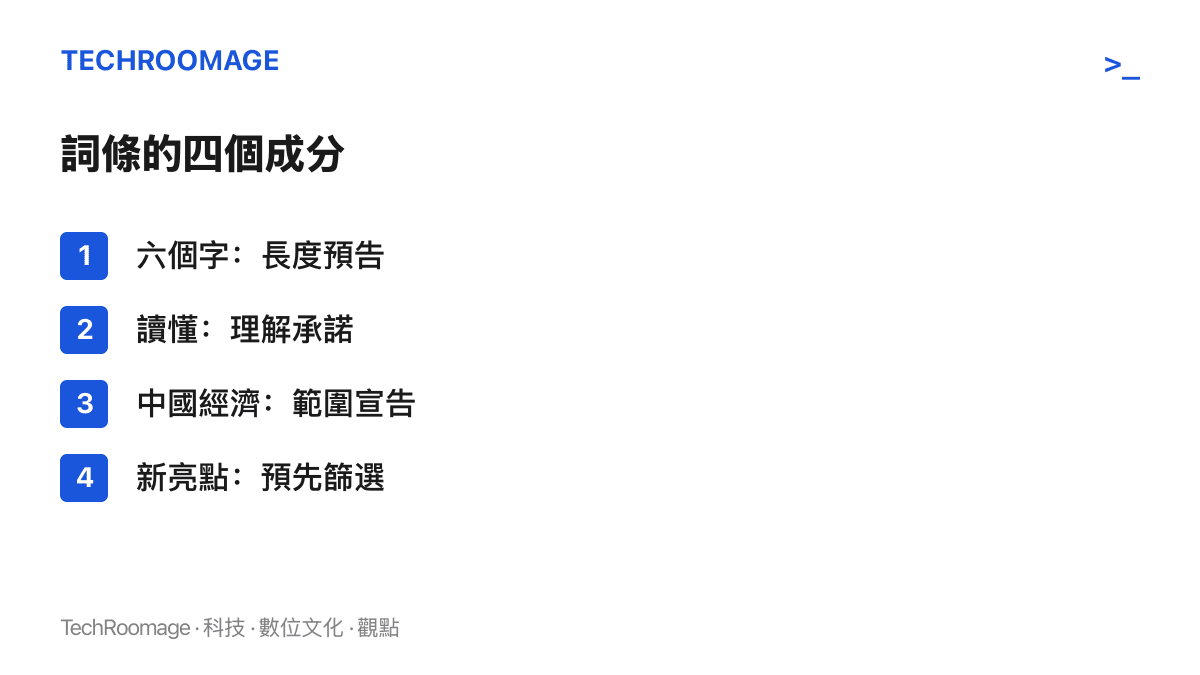 清單圖列出熱搜詞條「六個字讀懂中國經濟新亮點」的四個組成：以六個字作長度預告、以讀懂作理解承諾、以中國經濟界定範圍、以新亮點完成預先篩選