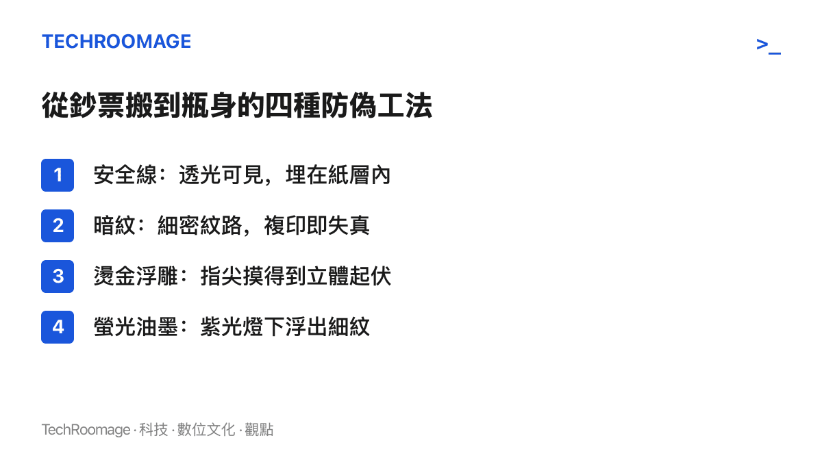 清單列出花露水包裝上的四種鈔票級防偽工法：透光可見的安全線、複印會失真的暗紋、可觸摸的燙金浮雕，以及紫光燈下才顯現的螢光油墨細紋
