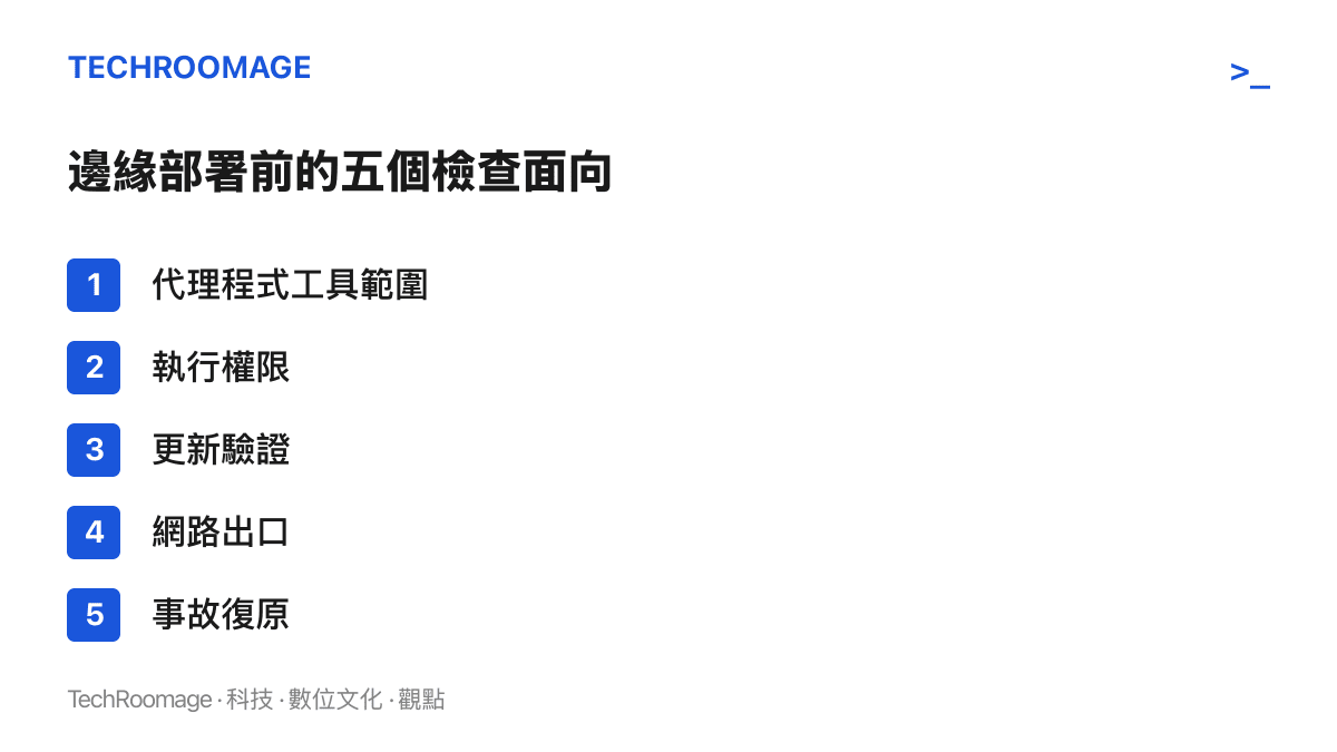 邊緣部署模型代理程式前可依序檢查的五個面向：工具範圍、執行權限、更新驗證、網路出口與事故復原