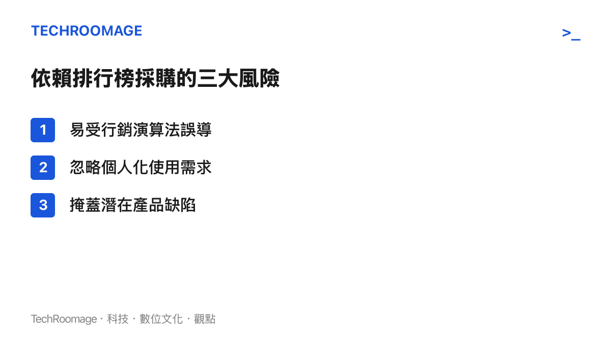 清單圖卡列出過度依賴熱門排行榜挑選手機將面臨的三個主要風險，包含易受演算法誤導、忽略個人化需求與掩蓋潛在缺陷