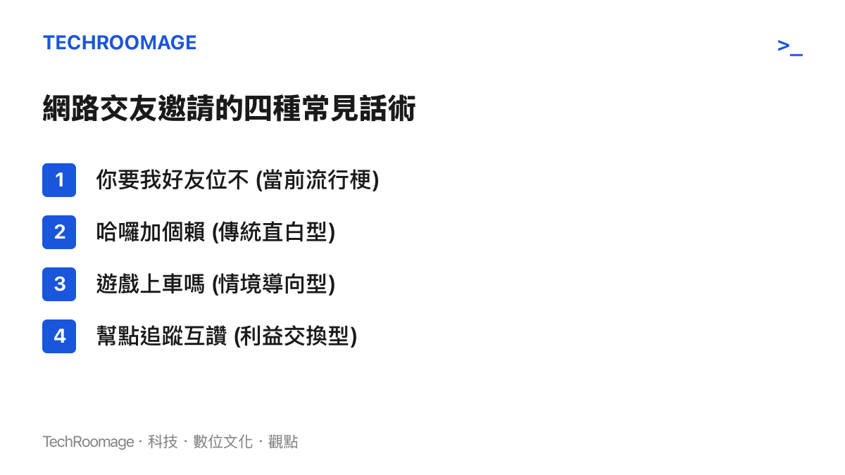 列出四種不同時代與情境下網路交友邀請話術的清單，呈現從利益交換到無釐頭玩笑的演變