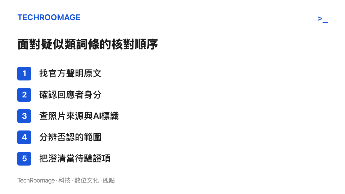 清單圖列出五個核對步驟：查官方聲明原文、確認回應者身分、檢查照片來源與AI標識、分辨否認的範圍、將澄清視為待驗證內容