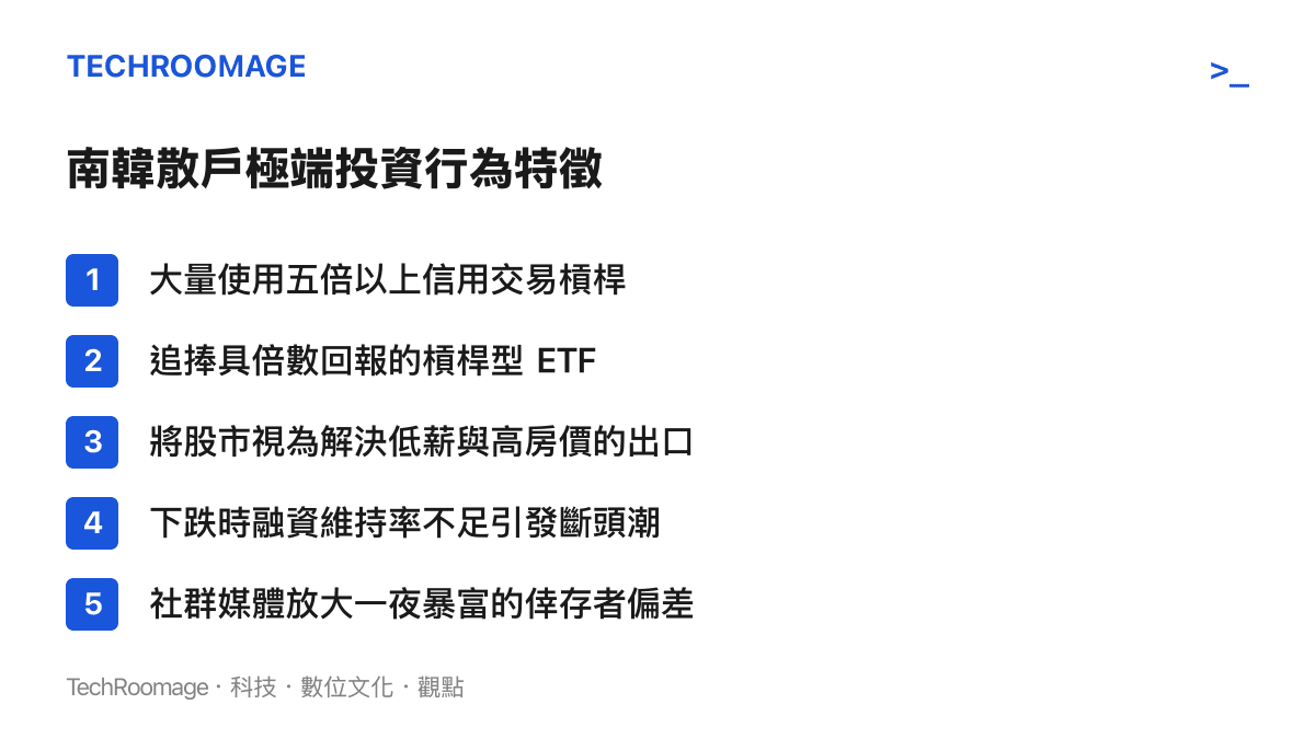 列出南韓散戶在股市投資中展現出的五種極端高風險行為與背後的社會經濟因素