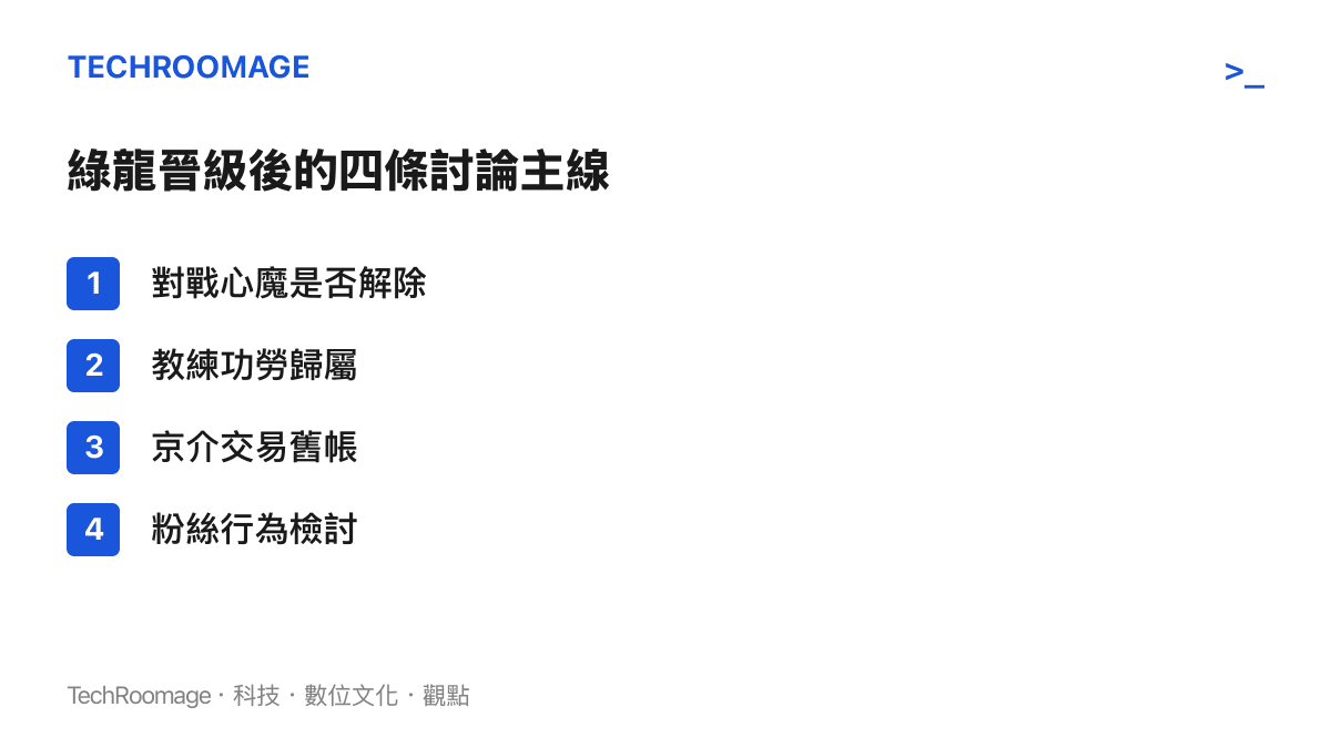 清單圖卡列出綠龍擊敗 Vitality 後貼吧展開的四條討論主線：對戰心魔是否解除、教練功勞歸屬、京介交易舊帳與粉絲行為檢討