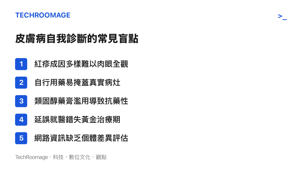 圖卡列出民眾在網路上進行皮膚病自我診斷時最常發生的五個認知盲點與風險。