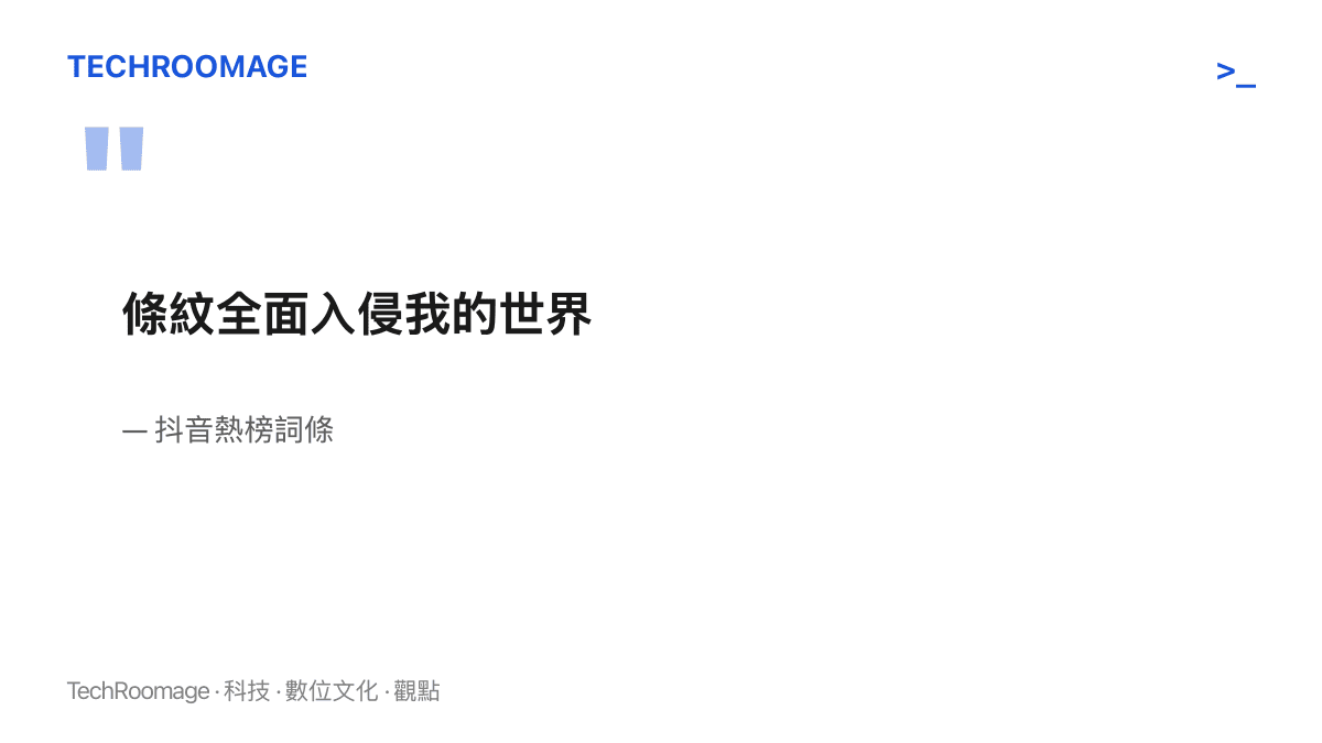 引言圖卡呈現抖音熱榜詞條「條紀全面入侵我的世界」的原文，這句詞條的主詞是一個圖案而非任何人物或品牌
