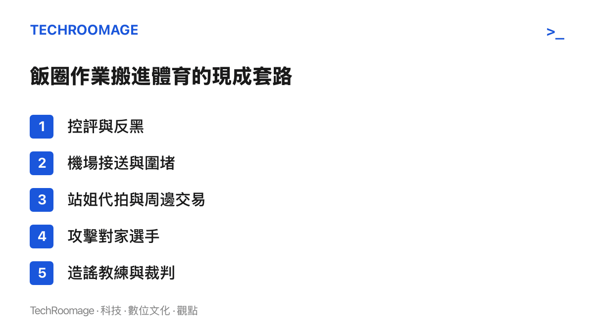 清單列出飯圈文化移植到體育的五種做法：控評反黑、機場接送圍堵、站姐代拍與周邊交易、攻擊對家選手、造謠教練與裁判