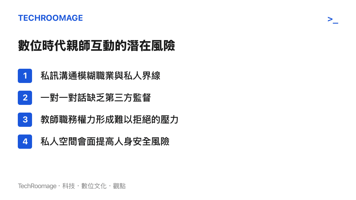 列出數位時代親師互動四種潛在風險的清單圖卡