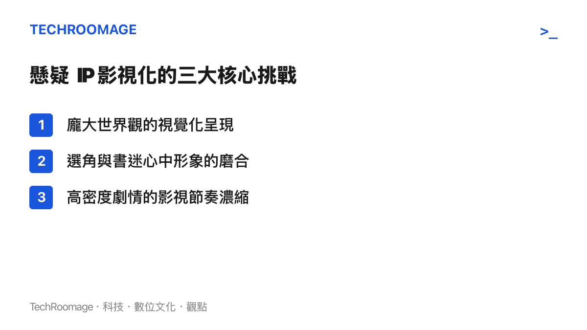 整理懸疑小說改編為影視劇時會面臨的三個主要挑戰的項目清單