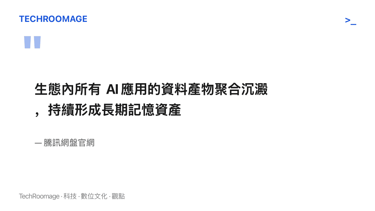 引述騰訊網盤官網的產品主張，指生態內所有 AI 應用的資料產物將聚合沉澱為長期記憶資產