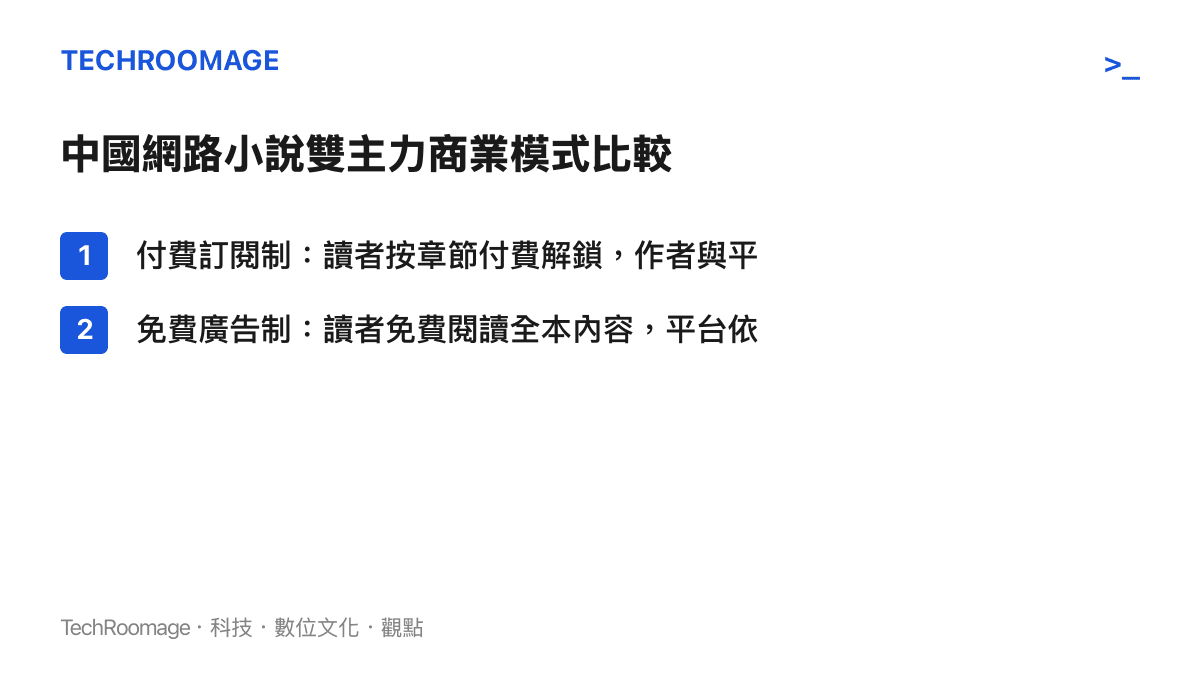 中國網路文學市場兩種主要商業模式運作機制的並列比較，分別為讀者付費訂閱以及觀看廣告免費閱讀