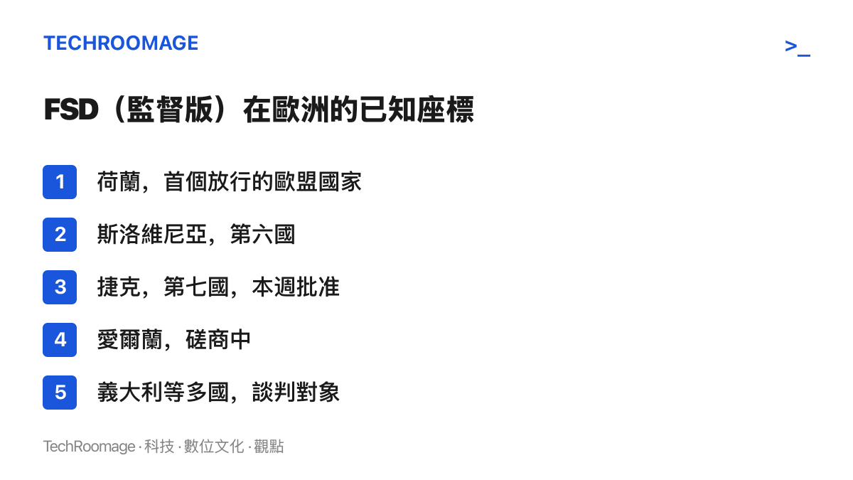 清單列出特斯拉 FSD 監督版在歐洲的審批進度，荷蘭、斯洛維尼亞、捷克等七國已放行，愛爾蘭與義大利等國仍在磋商