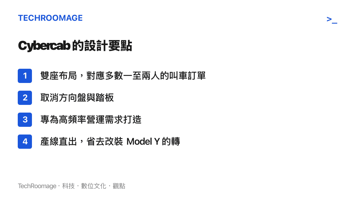 圖表列出 Cybercab 的四項設計要點：雙座布局對應多數一至兩人的叫車訂單、取消方向盤與踏板、專為高頻營運需求打造，以及產線直出省去改裝程序。