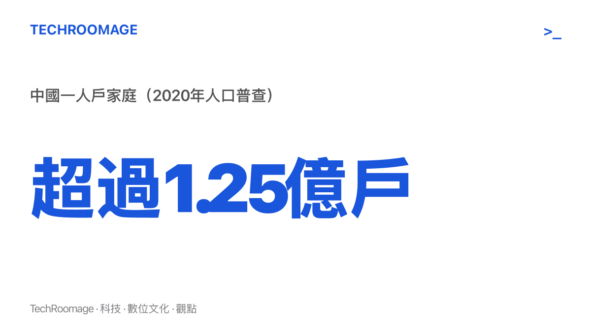 圖卡呈現中國2020年人口普查一人戶家庭超過一億兩千五百萬戶的統計數字，說明需要獨自處理三餐的人口規模