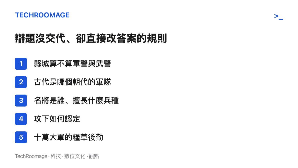 清單圖卡列出這道古今對決辯題未交代、卻會直接翻轉答案的五項規則變數，包含守方軍警配置、朝代、名將、勝負定義與後勤