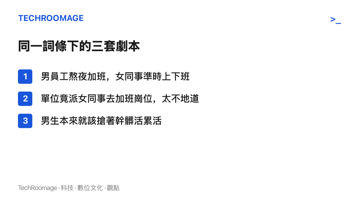 清單圖卡列舉加班雙標熱榜詞條下三種互相矛盾的說法：有人抱怨男員工熬夜而女同事準時離開，有人不滿單位竟派女同事去加班多的崗位，也有人主張男生本來就該主動多做