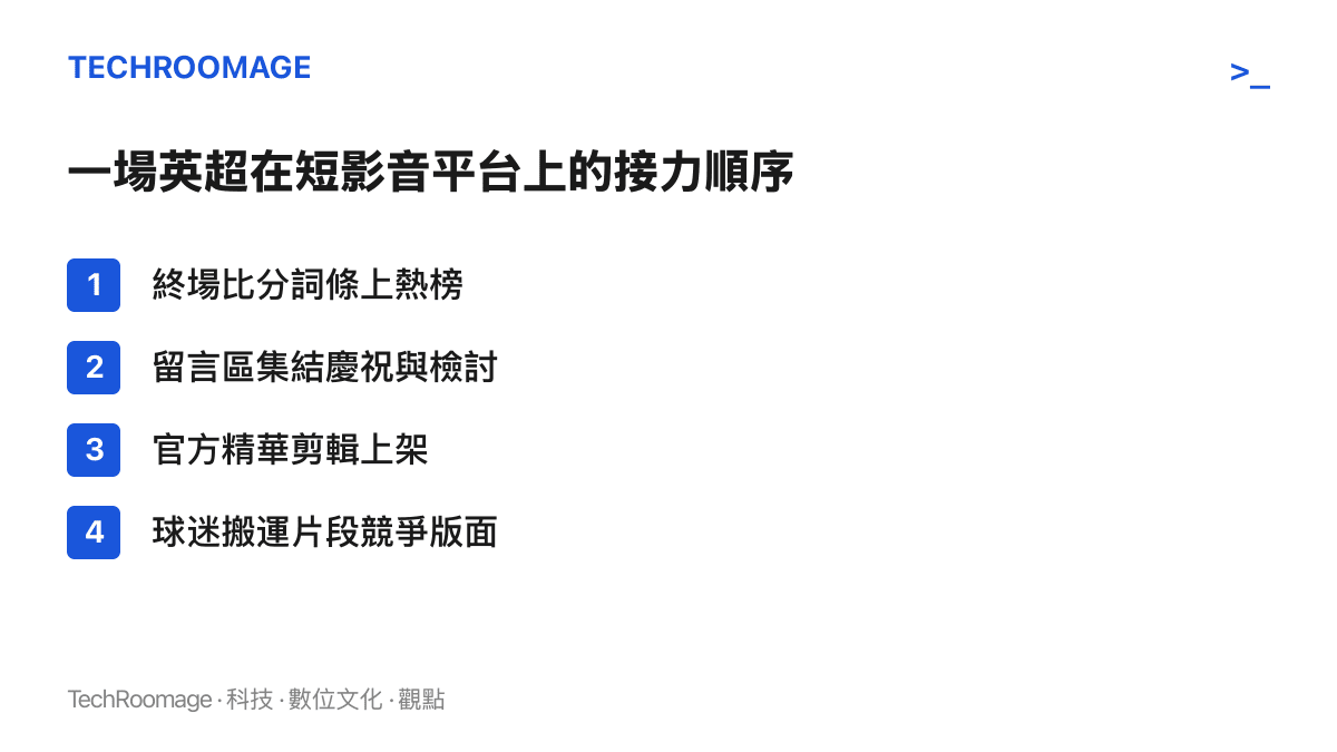 清單圖卡列出一場英超賽果在短影音平臺上的內容接力順序，從比分詞條、留言區討論到官方精華與球迷搬運片段