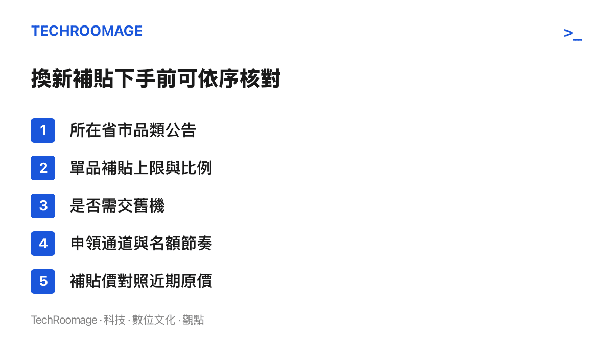 清單圖卡列出使用換新補貼前的五項檢查：省市品類公告、單品補貼上限、交舊規定、申領通道與名額，以及補貼價與原價的對照