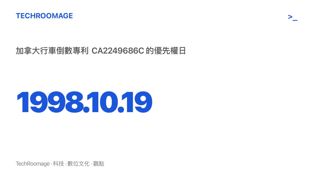 統計圖卡呈現加拿大專利 CA2249686C 的優先權日為 1998 年 10 月 19 日，該案由 Phillip Georgalis 申請行車倒數顯示裝置