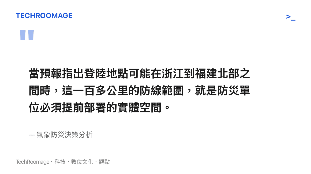 當預報指出登陸地點可能在浙江到福建北部之間時，這一百多公裏的防線範圍，就是防災單位必須提前部署的實體空間。