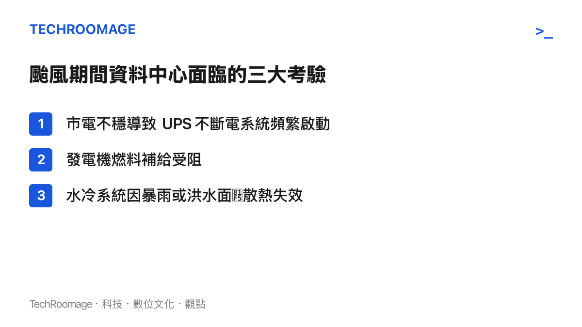 清單列舉颱風期間資料中心面臨的三大營運考驗包含電力不穩、燃料補給受阻與散熱系統失效