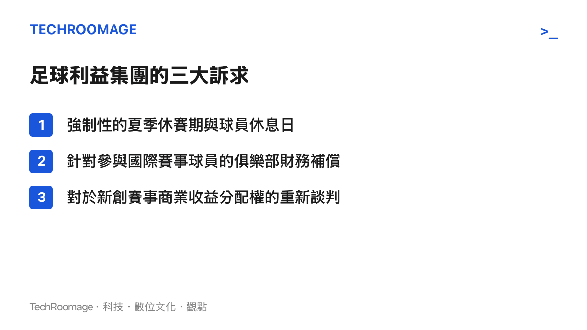 列出歐洲足球俱樂部針對國際足總賽事擴張提出的三大核心訴求