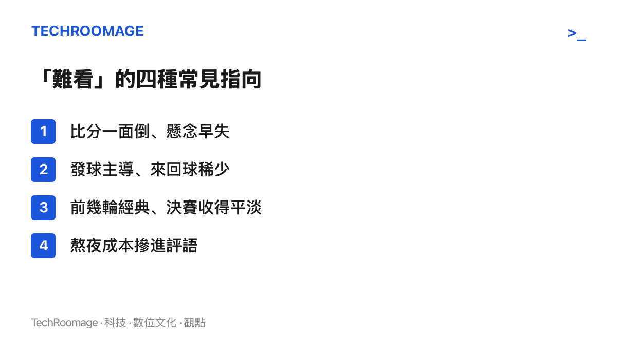 清單圖卡列舉觀眾罵大滿貫決賽難看時常見的四種指向，從比分一面倒、發球主導、期待落空，到熬夜成本摻入不滿