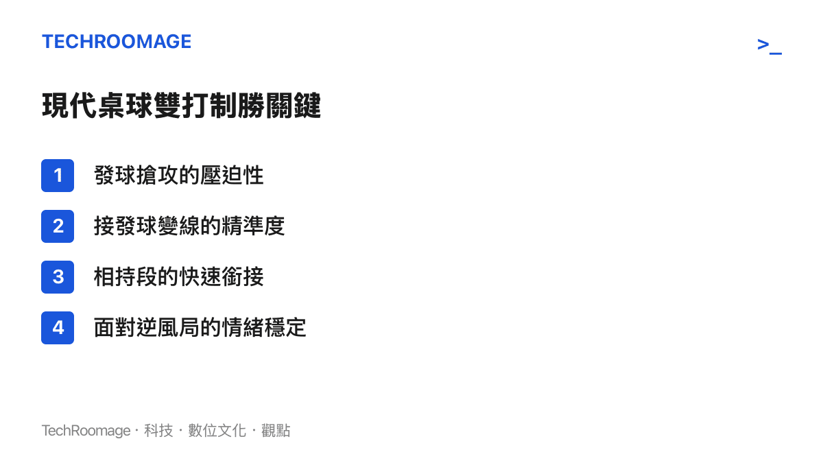 列舉現代桌球雙打比賽中贏得冠軍的四個關鍵戰術指標，包含發球、接發球與相持階段的技術要求。