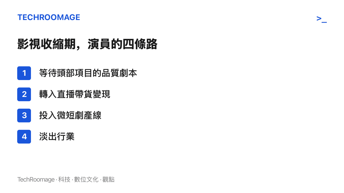 清單圖卡列出影視收縮期演員的四條出路：等待品質劇本、直播帶貨變現、投入微短劇產線與淡出行業
