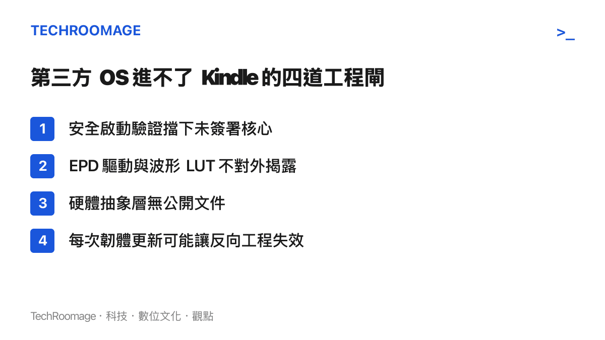 阻擋第三方作業系統進入 Kindle 的四個工程與安全因素清單