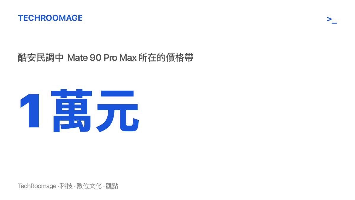 統計圖卡標示一萬元，說明酷安民調把華為Mate 90 Pro Max與蘋果旗艦排在萬元級的二選一題組