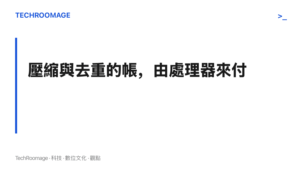 圖卡以大字呈現「壓縮與去重的帳，由處理器來付」的主張，說明節省記憶體與儲存空間的隱藏成本落在運算資源上