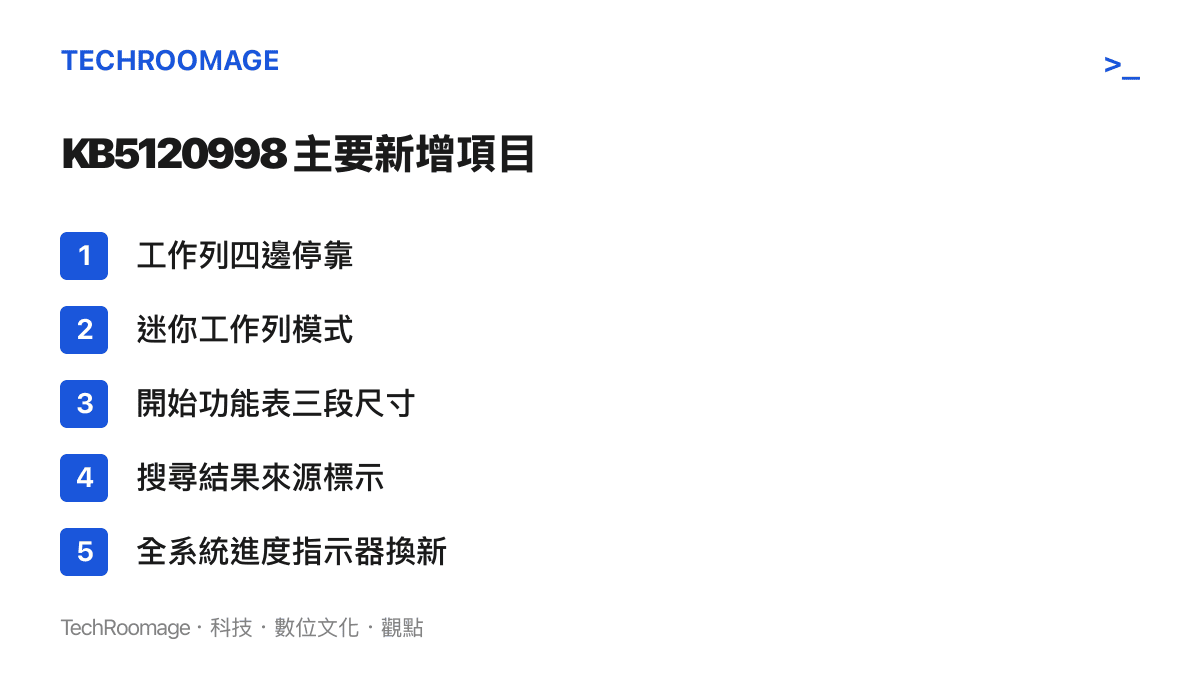清單列出 KB5120998 更新的五項重點：工作列四邊停靠、迷你工作列模式、開始功能表小中大三段尺寸、搜尋結果來源標示，以及開機關機流程的進度指示器全面換新